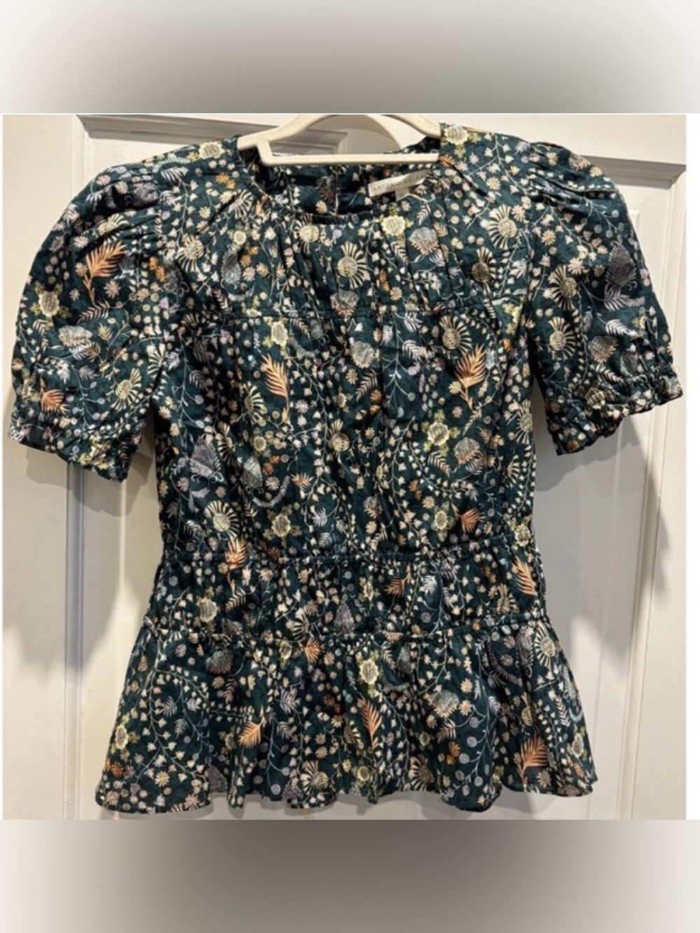 Antonio Melani Puff Sleeve Green Floral Blouse Sz XS
